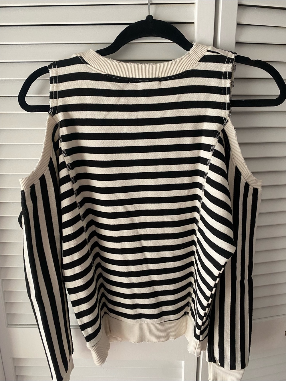 n:PHILANTHROPY Black and Cream Striped Crewneck cold shoulder sweatshirt - Picture 1 of 5